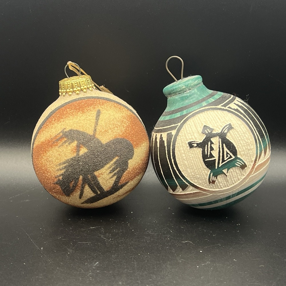Native American Ornaments 1 Glass Textured 1 Etched Turtle Wood Signed Set of 2